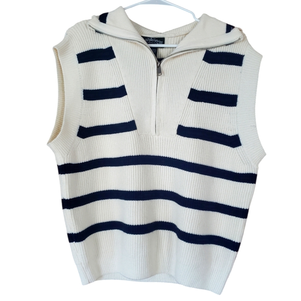 Anthropologie White and Navy Striped V-Neck Sweater